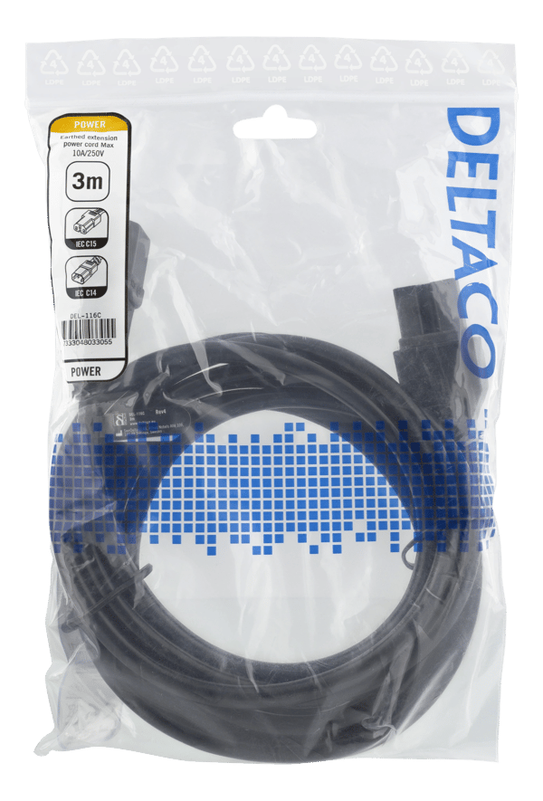 Extension cord IEC C15, IEC C14, 3m, black