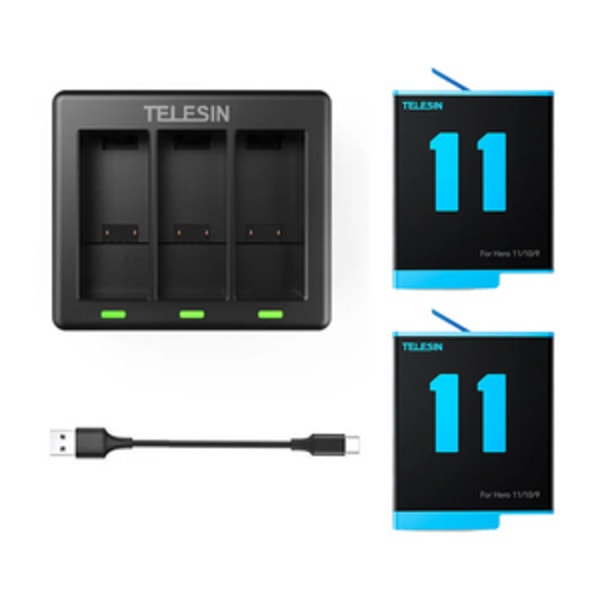 Telesin laddare med 3 platser + 2 batterier för GoPro Hero 12 / Hero 11 / Hero 10 / Hero 9