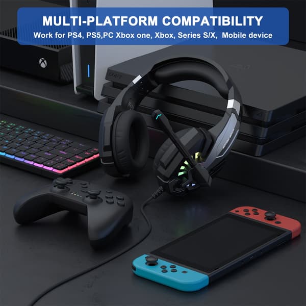Kablet gaming-headset med RGB-belysning og 1-in-2 adapter, sort ABS, kompatibel med PS4, PS5, Xbox, Switch