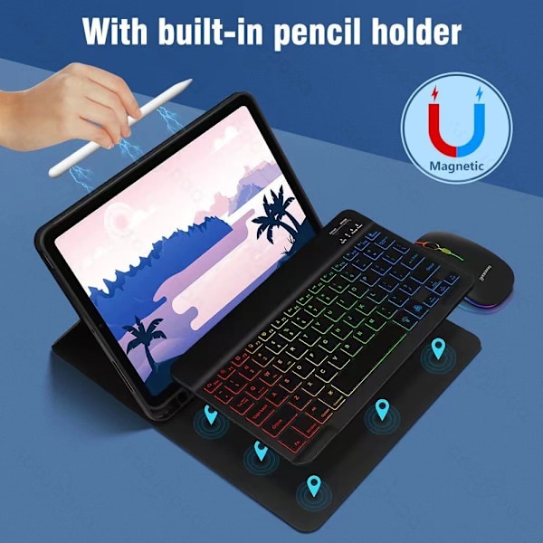 INF Läderfodral för iPad med RGB Bluetooth-Tangentbord och Mus iPad 10,9/11 tum Svart