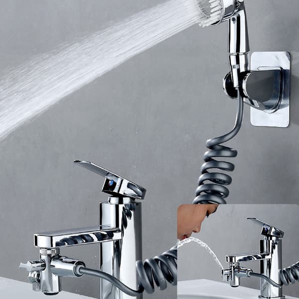 Universal Kran Adapter Set för Tvättställ - Silver, Komplett med Duschmunstycke och Flexibel Slang för Enkel Hårvätt