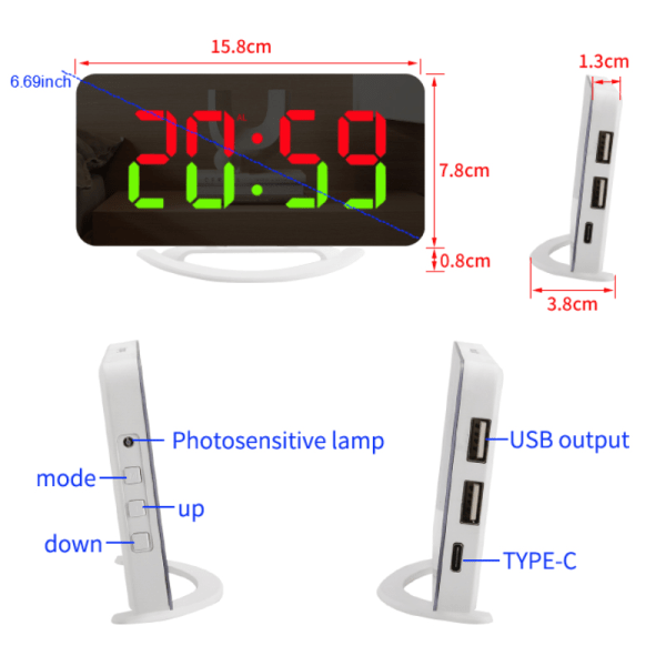 Digitaalinen herätyskello peilipinnalla 3 kirkkausastetta RGB-värejä