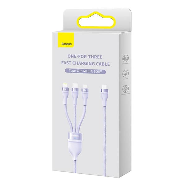 3-i-1 USB-kabel Baseus Flash Series 2, USB-C + micro USB + Lightning, 100W, 1,5 m (lila)