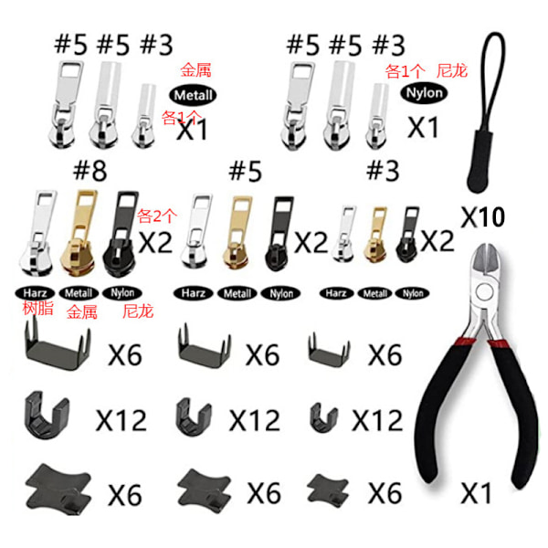 Erivärisiä vetoketjun vetimiä - Koko 8#, 5#, 3# - nailonvetoketjuihin
