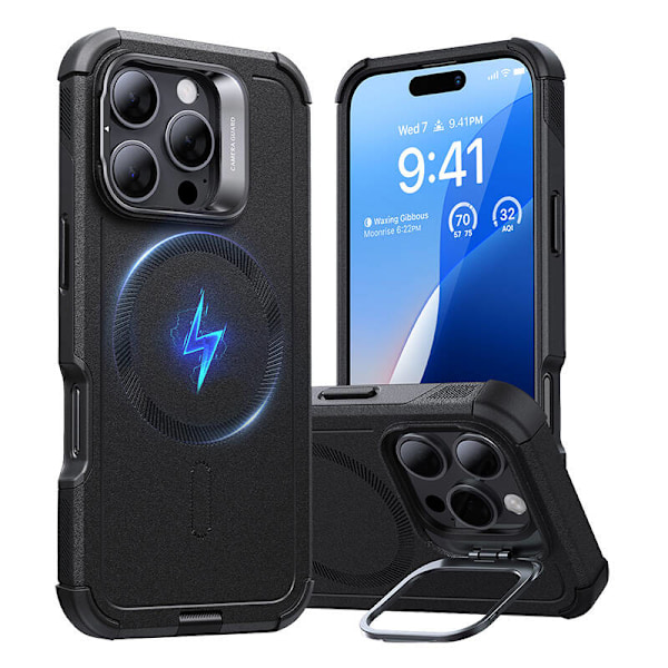 Cyber Tough (HaloLock) ESR-kotelo jalustalla iPhone 16 Prolle (musta)