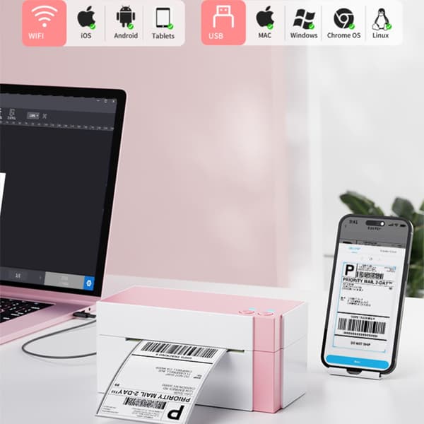 WiFi termisk etiketprinter 300dpi for skarpe stregkoder til forsendelse og lager med 108mm printbredde, WiFi+Bluetooth, USB/netværk White+Pink White+Pink