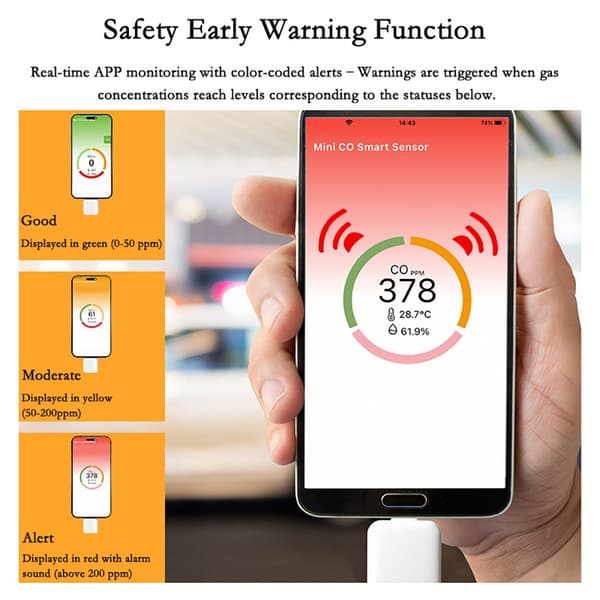 Portabel Mini Kolmonoxiddetektor - CO-gasmätare kompatibel med iOS och Android