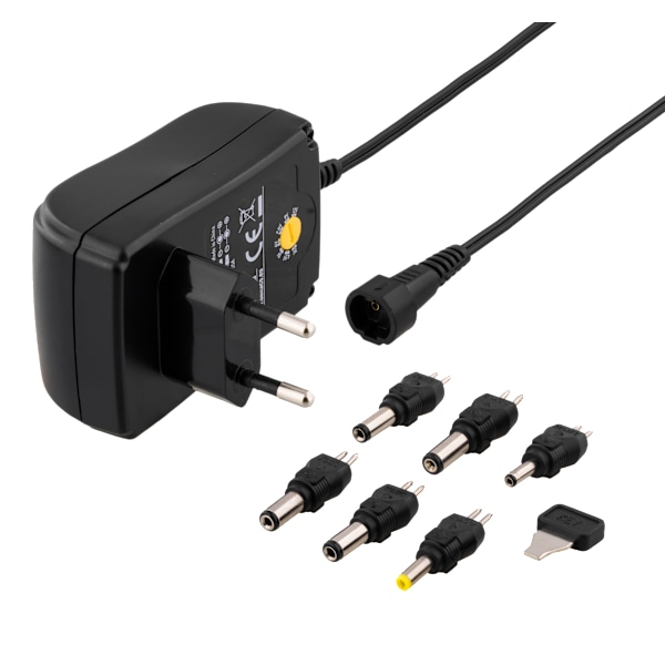 Power supply, 240 V to 3-12 V, 1.5 A, different tips, black Svart