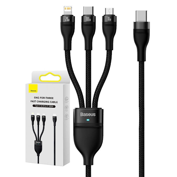 3-i-1 USB-kabel Baseus Flash Series 2, USB-C + micro USB + Lightning, 100W, 1,5 m (svart)