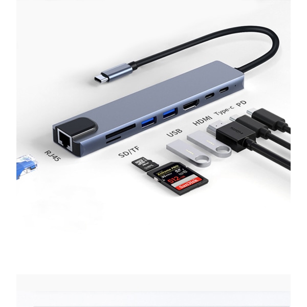 INF 8 port USB-C hub med USB, UBC PD, HDMI, RJ45, hukommelseskor Grå