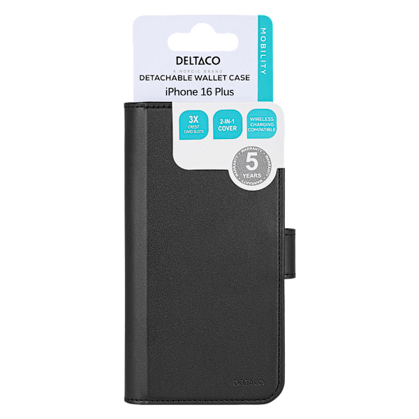 Wallet case, 2-in-1, iPhone 16 Plus, magnetic cover, black
