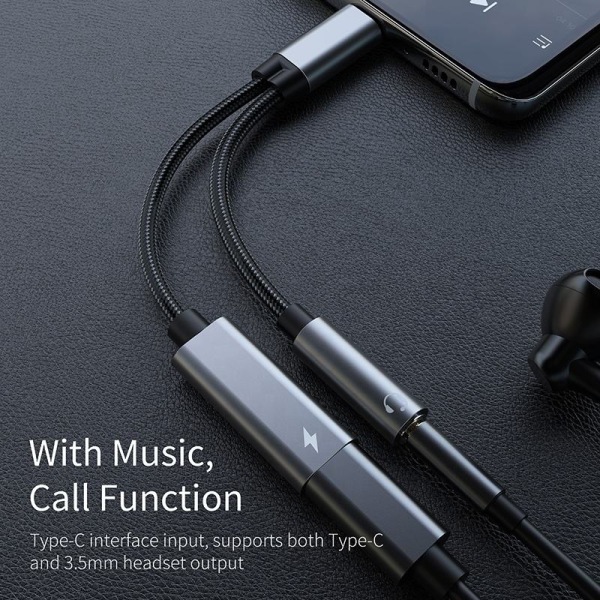 USB-C adapter för 3.5 mm hörlurar och USB-C-laddare Svart Svart