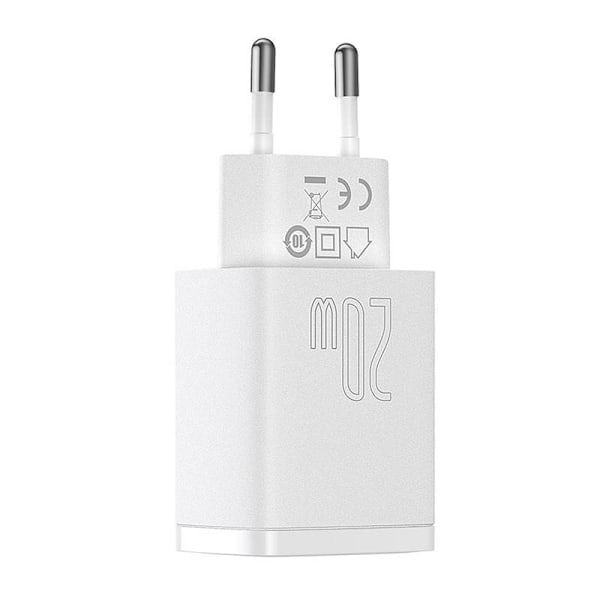 Baseus kompakt snabbladdare, USB, USB-C, 20W (vit)