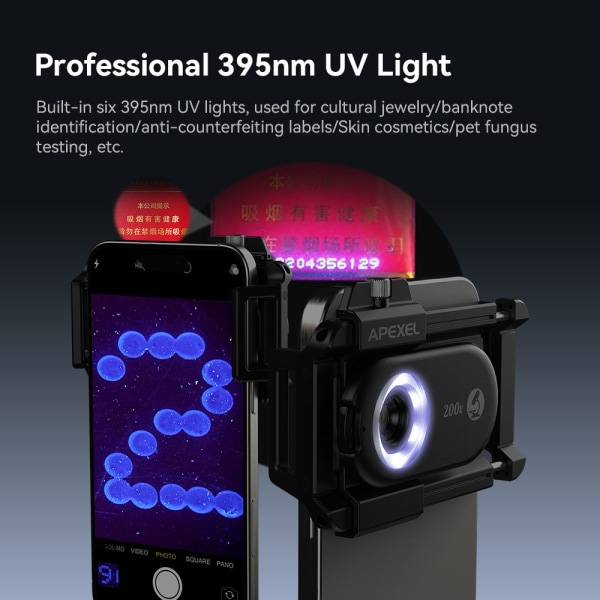 100X mikroskoopin linssi LED-valolla - matkapuhelimiin