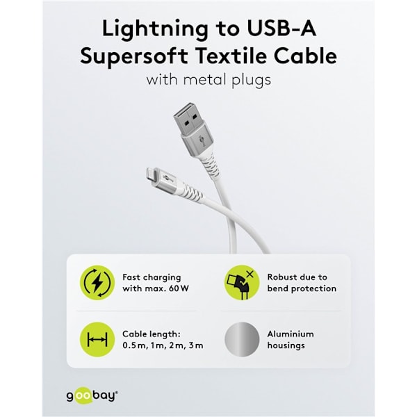 Lightning-USB-A supersoft textilkabel med metallkontakter, 2 m, vit