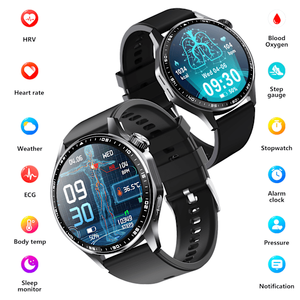 Smartwatch med EKG, pulsmåler, blodtryksmåler og skridttæller Sort og brun læderrem