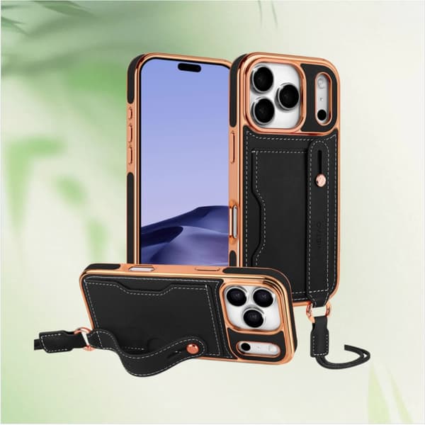 iPhone 17 Pro Max kompatibelt kortfackskal med stötabsorption, axelrem, handledsrem och ställ - PU+TPU skydd