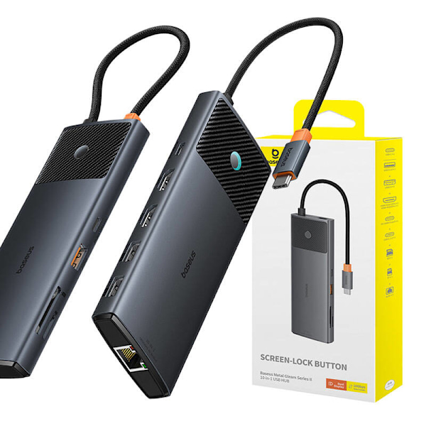 Adapter Hub 10in1 Baseus USB-C - 2xHDMI, 3xUSB-A, USB-C, RJ45, SD/TF, PD (sort)