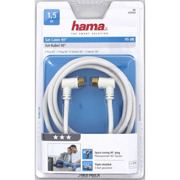 HAMA Kabel Antenn SAT 95dB Vinklad F-Plug - F-Plug Guld Vit 1.5m