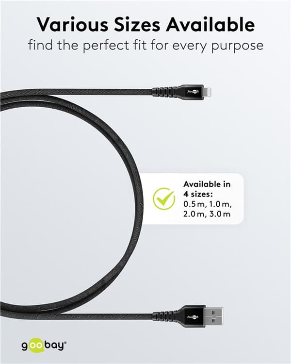 Lightning-USB-A erittäin pehmeä tekstiilikaapeli metalliliittimillä, 1 m, musta