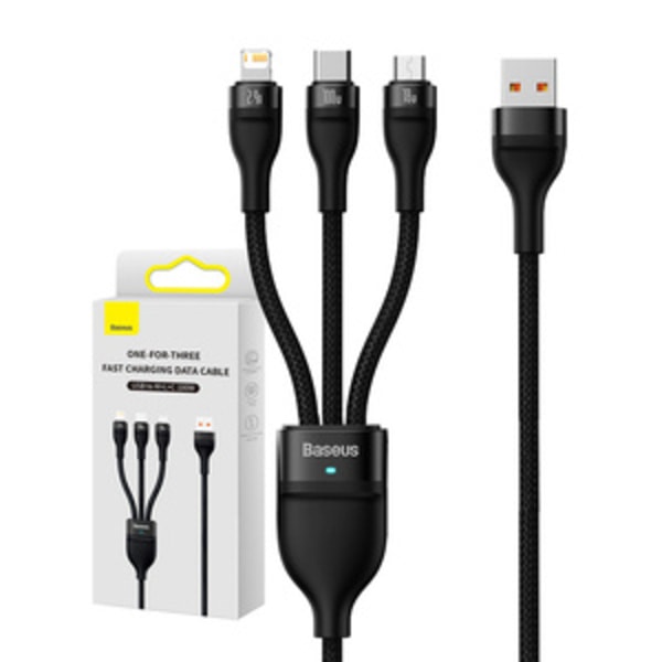 3-i-1 USB-kabel Baseus Flash Series, USB-C + micro USB + Lightning, 100W, 1,2m (sort)