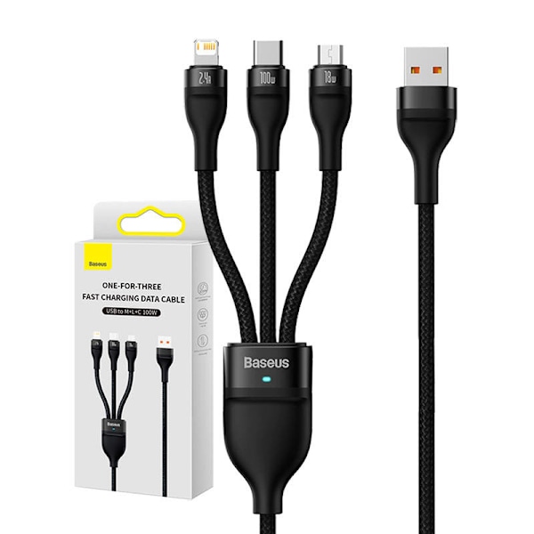 3-i-1 USB-kabel Baseus Flash Series, USB-C + micro USB + Lightning, 100W, 1,2m (sort)