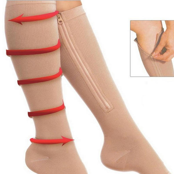 Kompressionsstrømper med lynlås og åben tå i nylon/spandex beige str. S/M 1 par