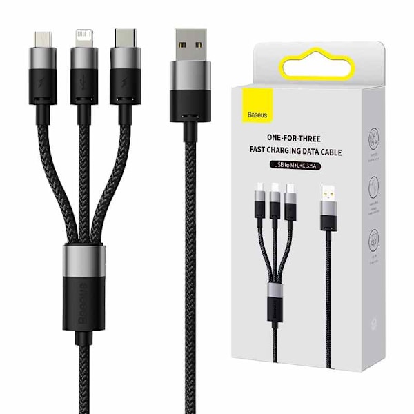 3in1 USB-kaapeli Baseus StarSpeed Series, USB-C + Micro + Lightning 3,5A, 1,2m (musta)