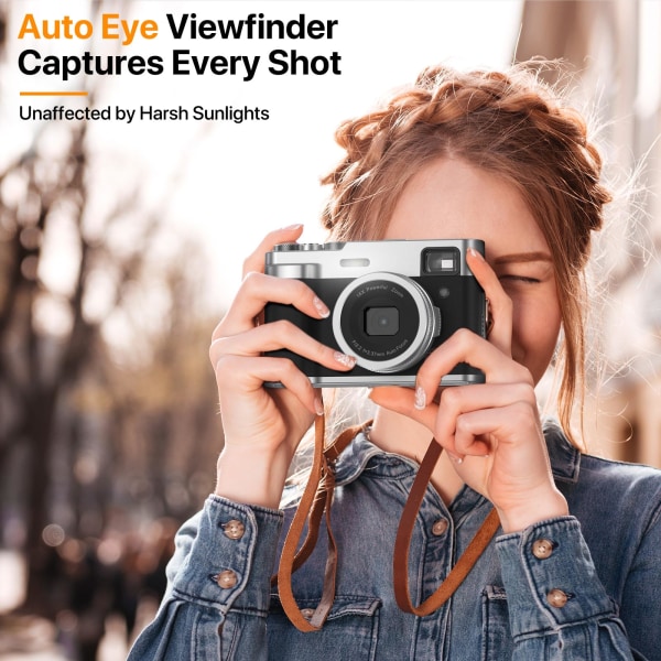 5K digitalkamera med främre och bakre kameror, sökare, autofokus Svart