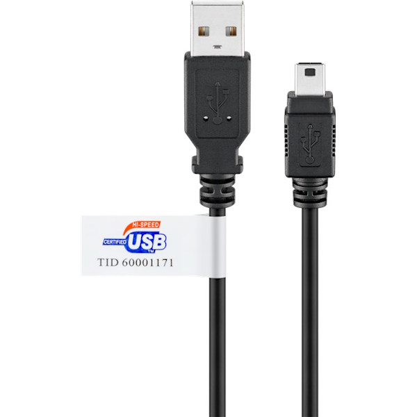 USB-A till Mini-B kabel, certifierad, 1,8 m, svart