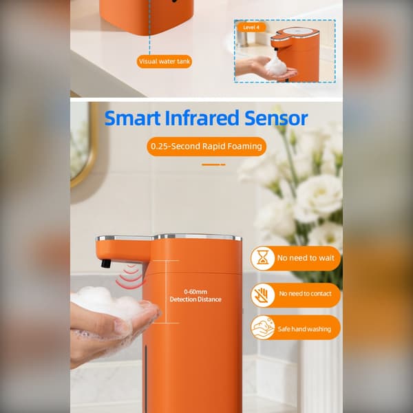 M20 touchfri sæbedispenser – automatisk håndsæbe til køkken og badeværelse med 0,3s sensor, LED-display, USB genopladelig, multifunktions væskestøtte Orange