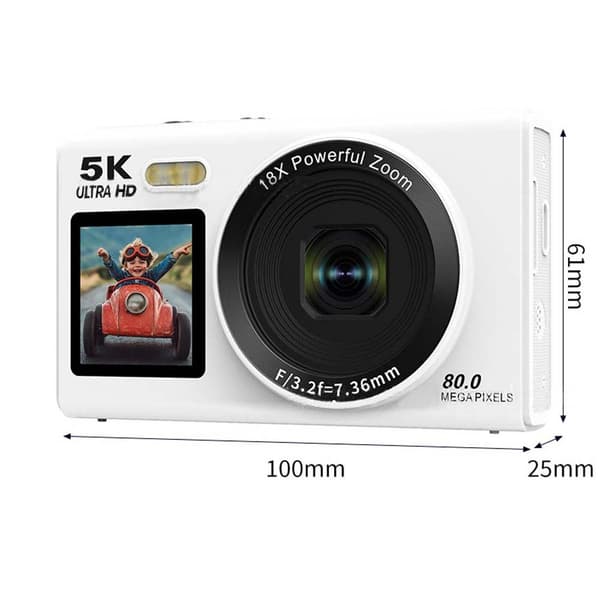 5K Studenter Kamera 80MP Dobbelt Skærm Selfie CCD Digitalkamera White White