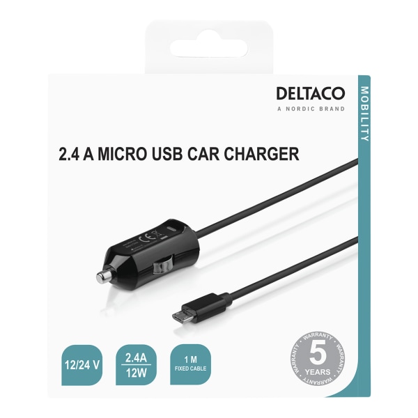 Micro USB car charger, 2.4 A, 1 m fixed cable, 12 W, black