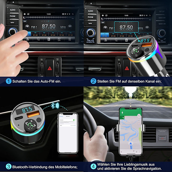 Bluetooth 5.3 biloplader med QC3.0 & PD hurtigopladning