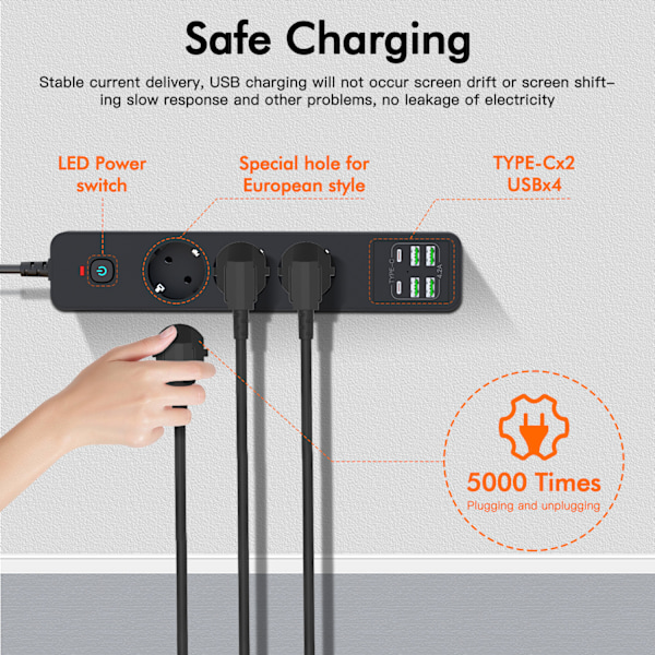 BKL-03 EU Power Strip 6 USB-portilla Musta