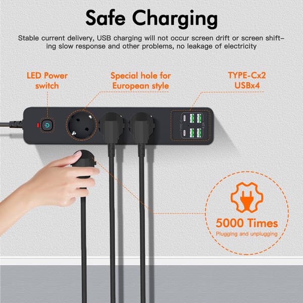 BKL-03 EU-strømskinne med 6 USB-porte Black Black