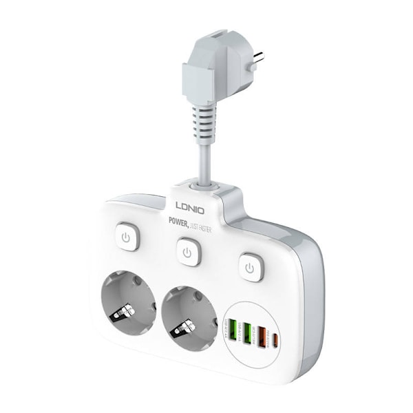 Virtajohto 2 AC-pistorasialla, 3x USB, USB-C, LDNIO SE2435, 2500W (valkoinen)
