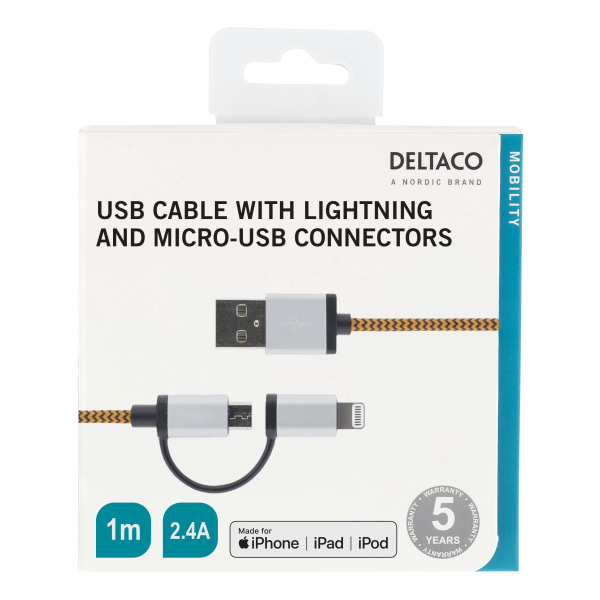 USB cable, USB Micro B ma and lightning ma, MFi, 1m, orange
