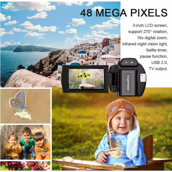 INF Videokamera 4K UHD/48MP/16x zoom/vidvinkelobjektiv/32GB kort/mikrofon
