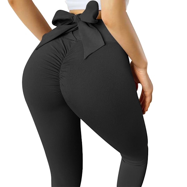 Højtaljede sorte yogabukser med sløjfedetalje L