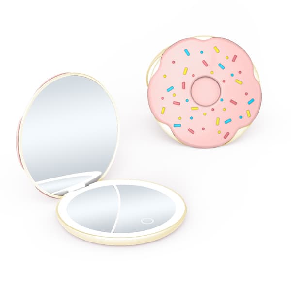 Donutformad LED-sminkspegel med 2x förstoring, trefärgsbelysning och USB-laddning Pink Pink