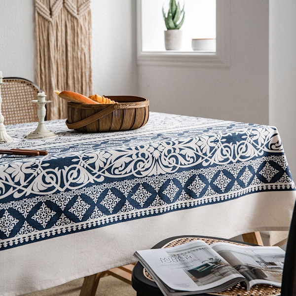 Vintage Blommig Bomullslinneduk för Rektangulära Bord S