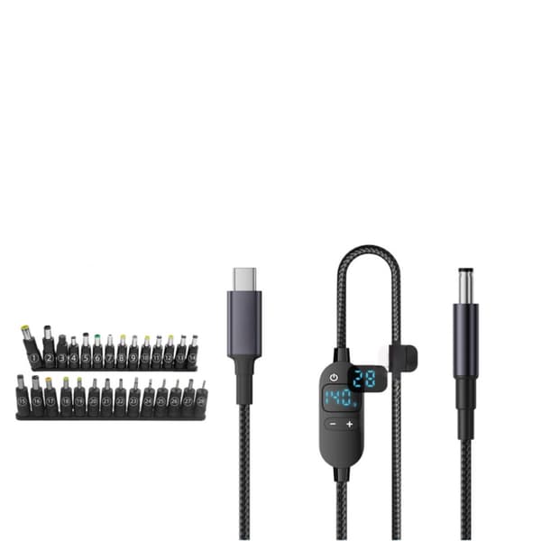 Multifunktionelt digitalt display USB-C til DC justerbart opladerkabel med 6-trins spænding PD3.1 140W og 28 adapterspidser
