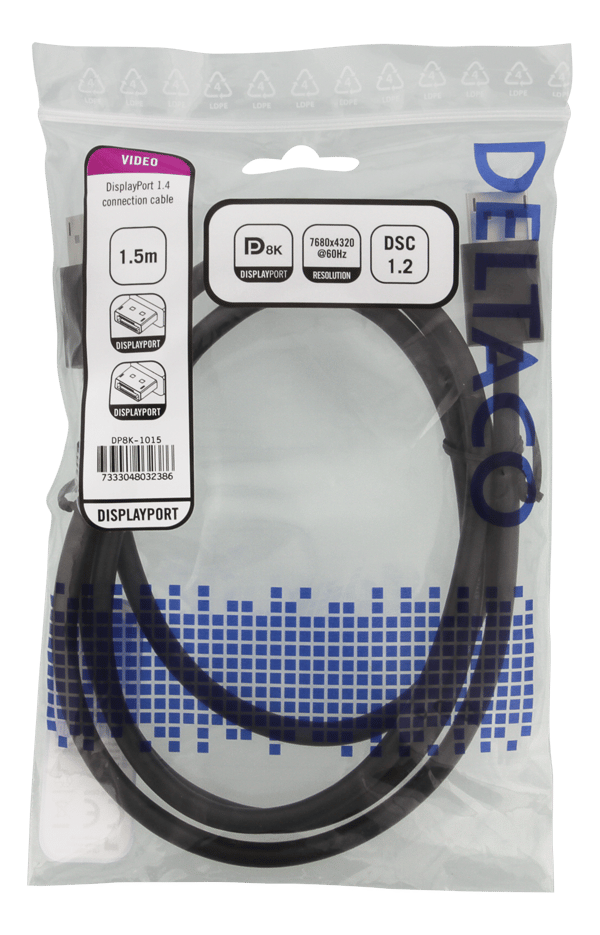 DisplayPort cable, DP 1.4, 7680x4320 at 30Hz, 1.5m, black