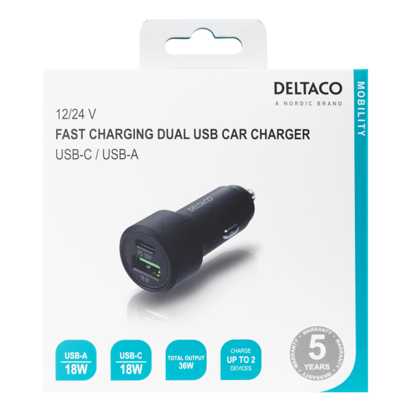 USB car charger, 1xUSB-A 18W, 1xUSB-C PD 20W, tot 38W, black