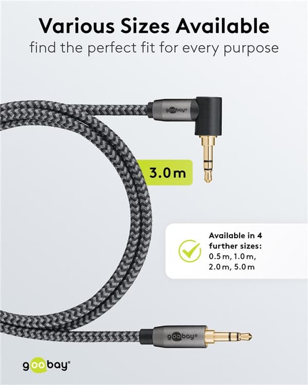 Audioliitäntäkaapeli AUX, 3,5 mm stereo, 90°, 3 m
