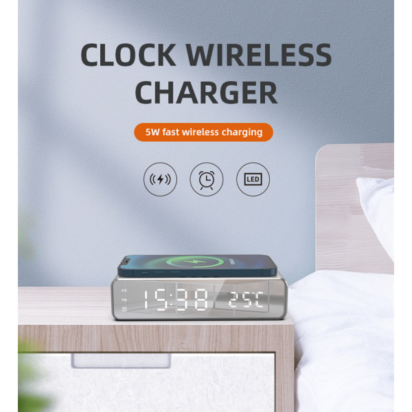 INF Digital LED väckarklocka med trådlös laddare/termometer Silver