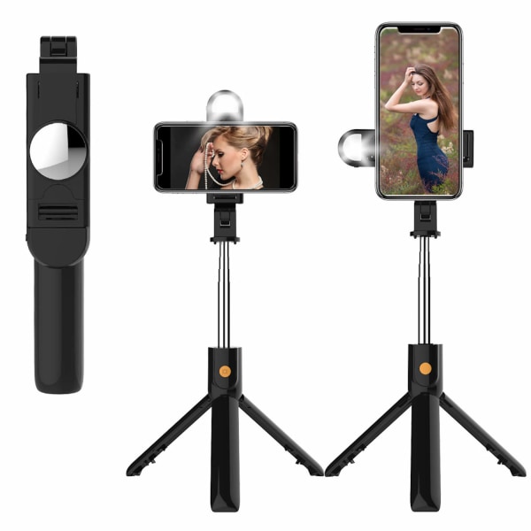 Selfie-stick / mobil stativ med fjernbetjening og lampe