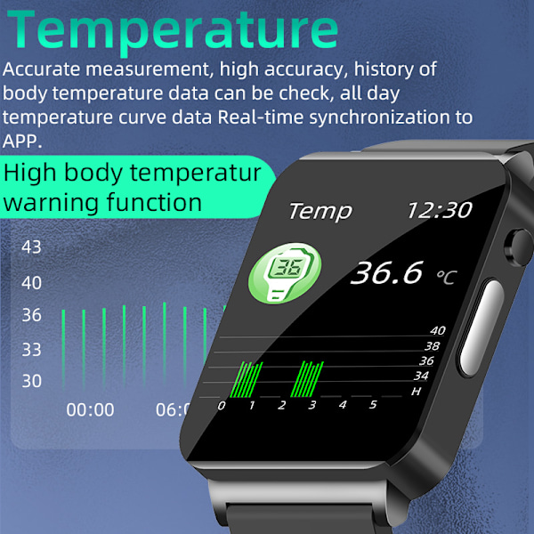 Smartwatch med EKG, puls, blodiltning, søvnmonitor Black Black