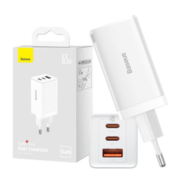 Väggladdare Baseus GaN5 Pro 2xUSB-C + USB, 65W (vit)